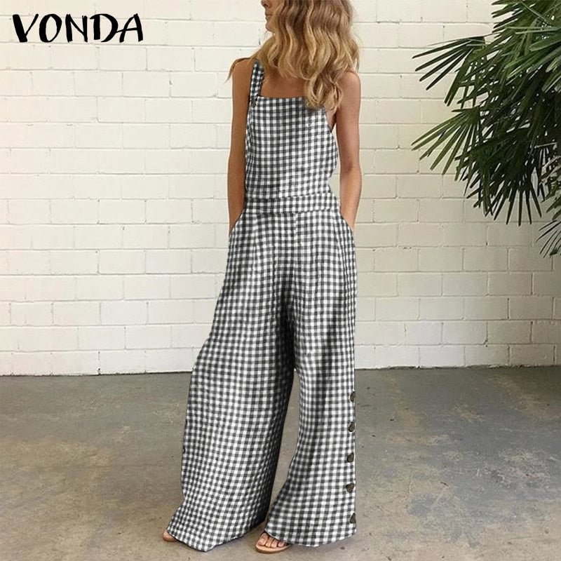 VONDA Women Jumpsuits 2022 Summer Wide Leg Full Length Sexy Sleeveless Vintage Checked Plaid Suspenders Playsuits Long Overalls