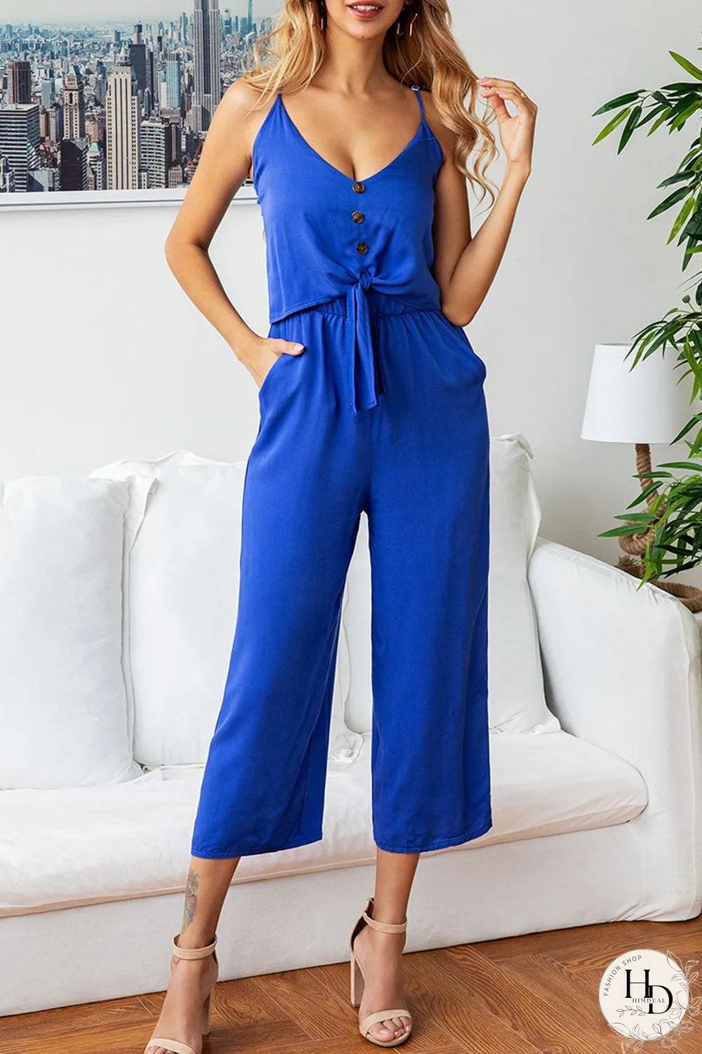 Fashion Street Solid Split Joint V Neck Loose Jumpsuits