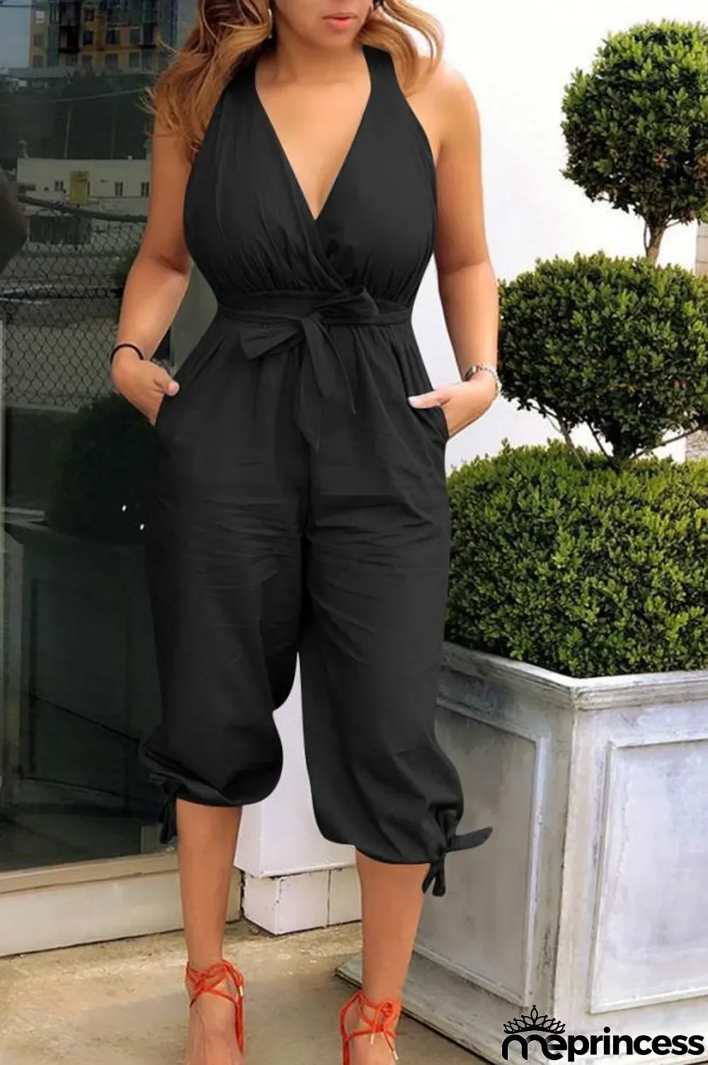 Light Blue Fashion Sexy Solid Patchwork Polyester Sleeveless V Neck