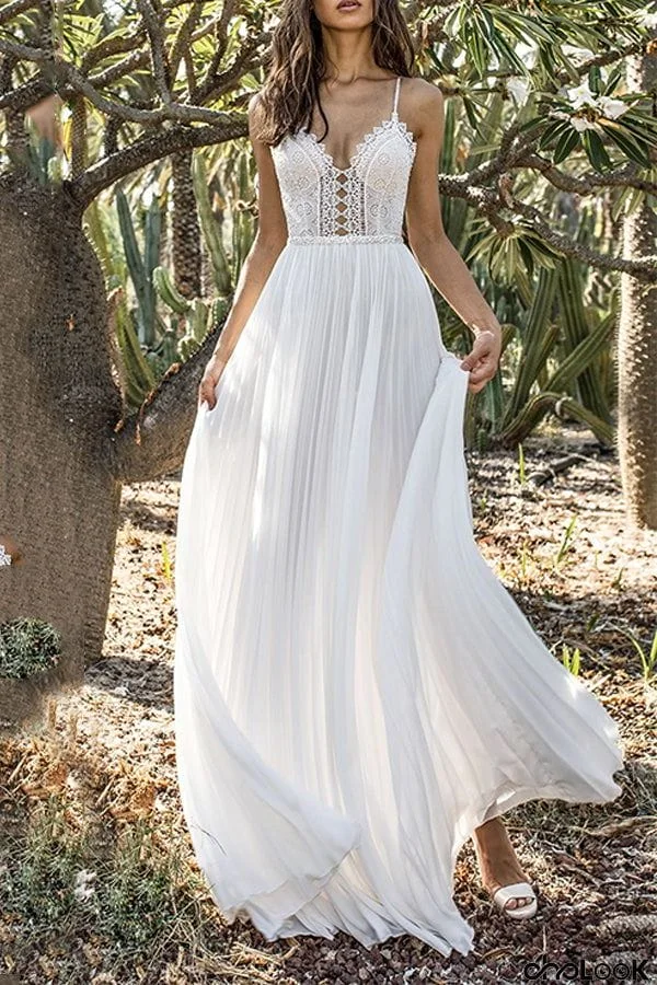 Lace Deep V Halter Chiffon Dress White Wedding Dress