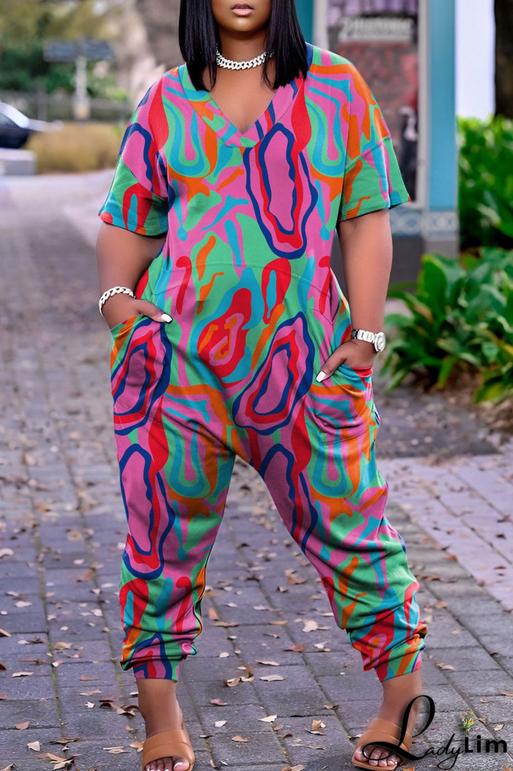 Lake Blue Street Print Patchwork V Neck Harlan Jumpsuits