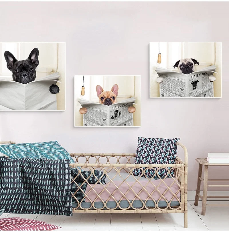 Dog Reading Newspaper Toilet Wall Art Canvas  Prints Funny Dog Painting Wall Picture Home Bathroom Decor Dogs Lover Gift