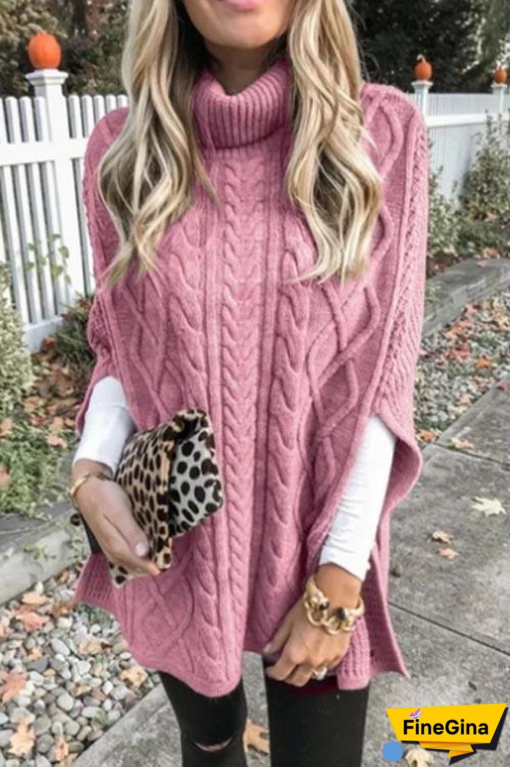 Turtleneck Cable Knit Cloak Poncho Sweater