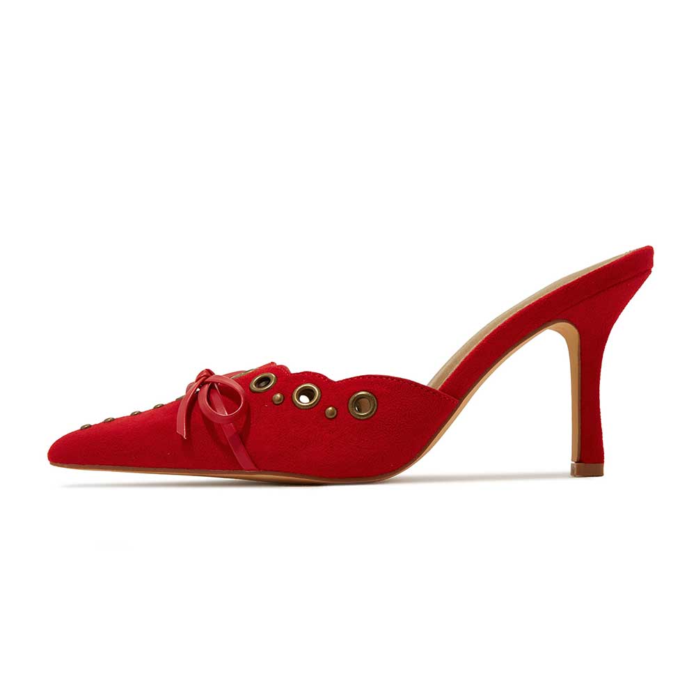 Red Faux Suede Pointed Toe Kitten Heel Studded Bow High Heel Mules Nicepairs