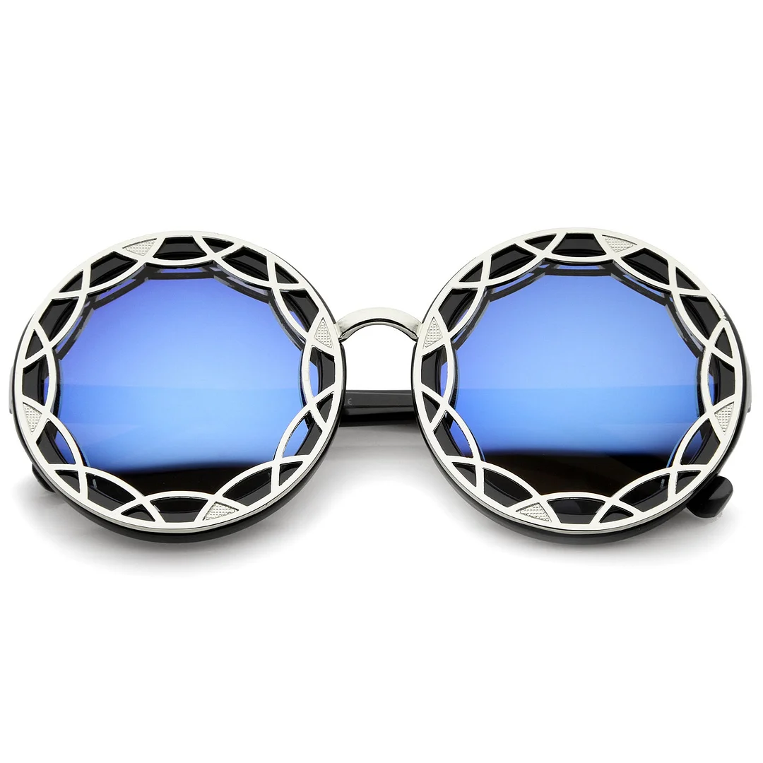 Women's Oversize Ornate Flat Pattern Color Mirror Lens Round glasses 55mm
