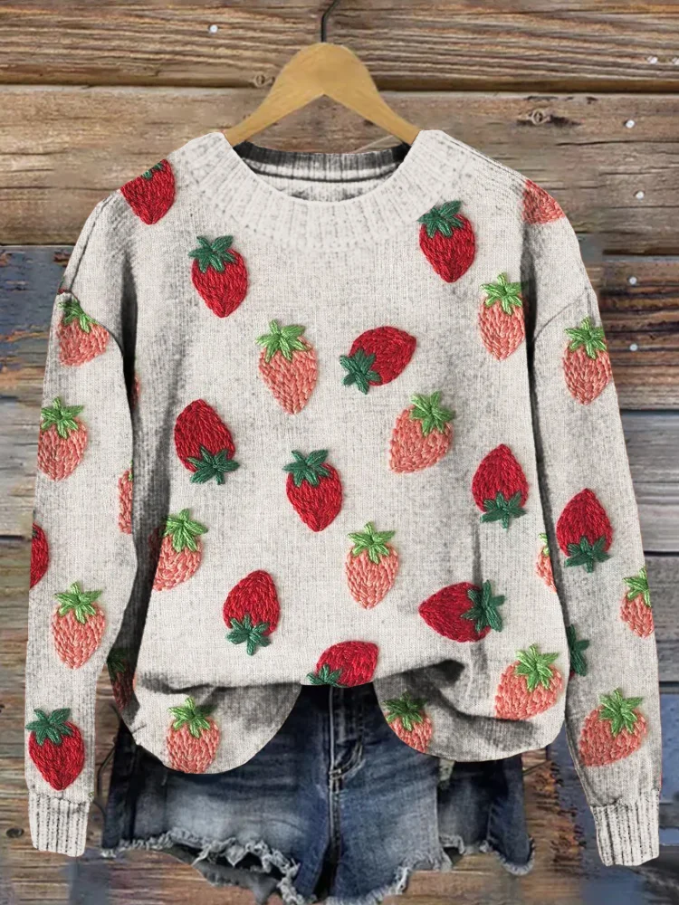 VChics Strawberry Embroidery Art Crew Neck Comfy Sweater