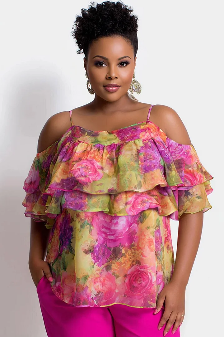 Xpluswear Design Plus Size Vacation Multicolor Floral Cold Shoulder Short Sleeve Ruffle Chiffon Tops 2024 - Xpluswear