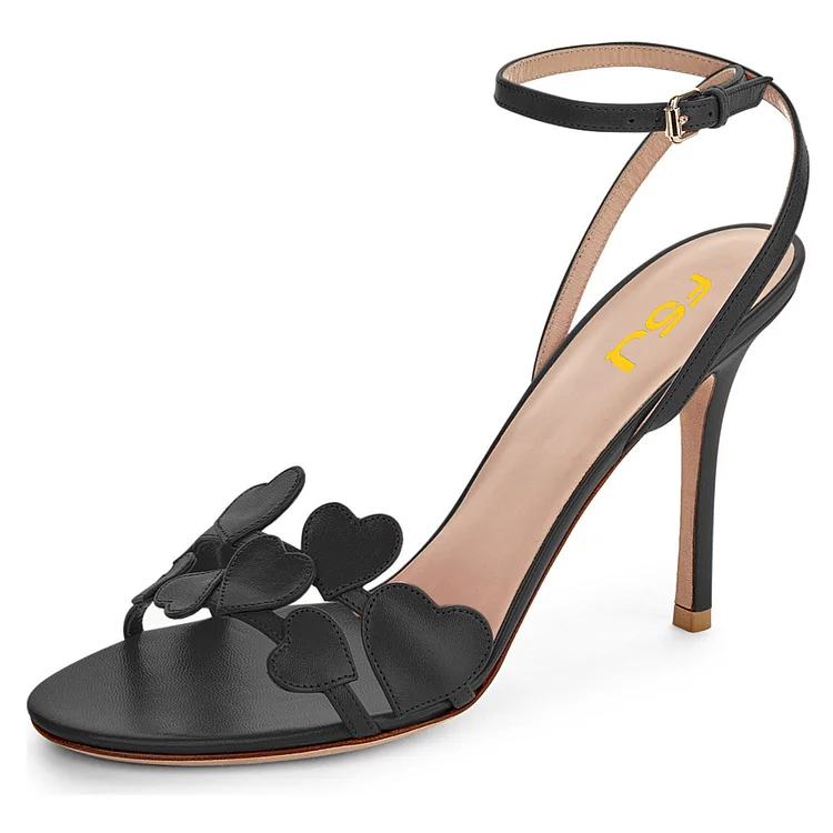Black Heart Ankle Strap Sandals Stiletto Heels Slingback Sandals |FSJ Shoes