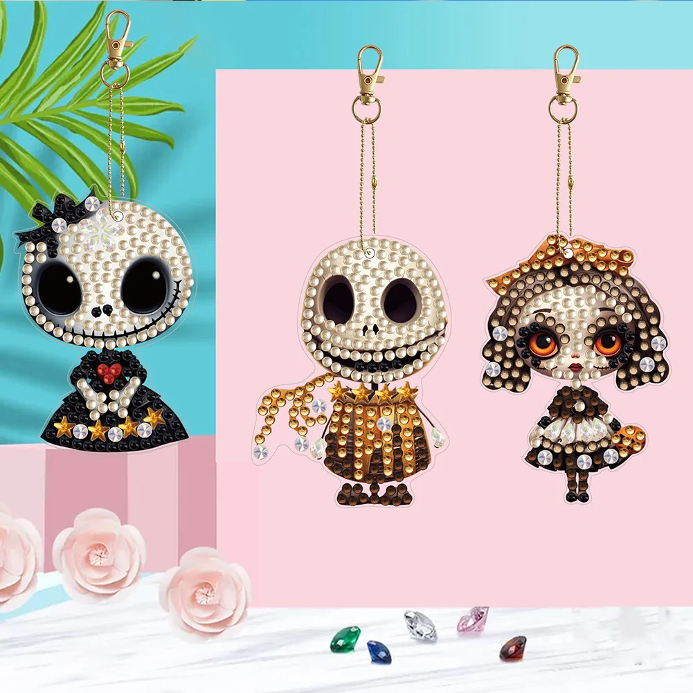 6pcs DIY Horror Doll Diamond Art Key Rings Double Sided Keychain Supplies Gift for Kids