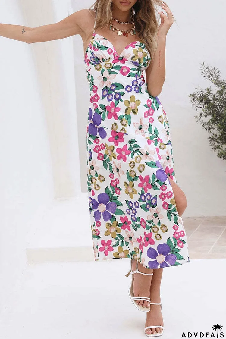 Floral Print Backless Side Slit Cami Dress