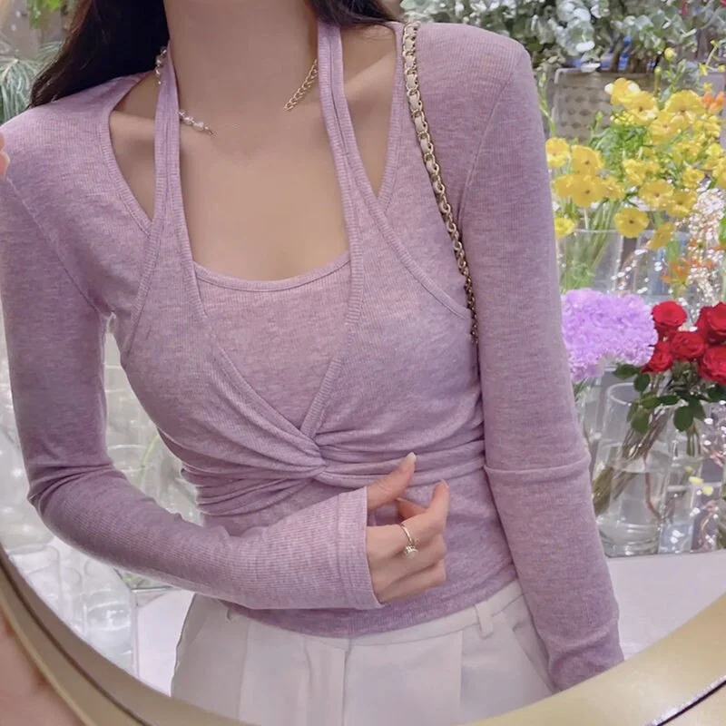 Purple Sweet False Two Piece T Shirt Women  Basic T-shirt Femme Slim Korean Women T Shirt Spring Autumn