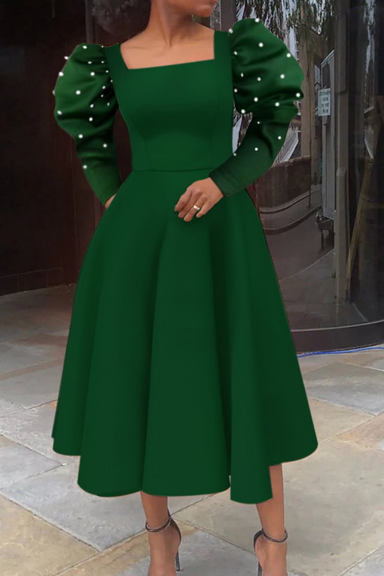 Xpluswear Plus Size Emerald Green Daily Pearl Puff Sleeve Square Neck A-Line Midi Dress