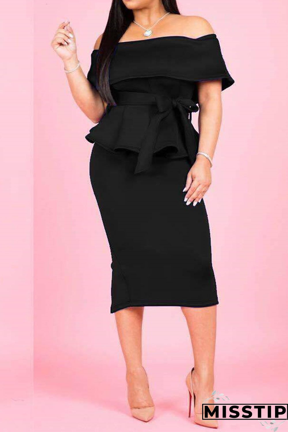 Black casual fashion off the shoulder sleeveless one word collar asymmetrical mid-calf