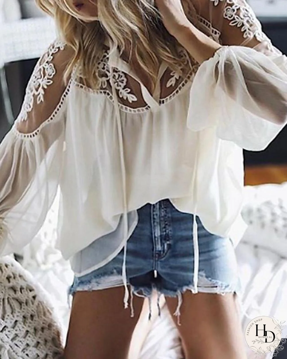 Women's Blouse Shirt Solid Colored Plain Long Sleeve Mesh Lace V Neck Tops Loose Basic Top White Black-0203815