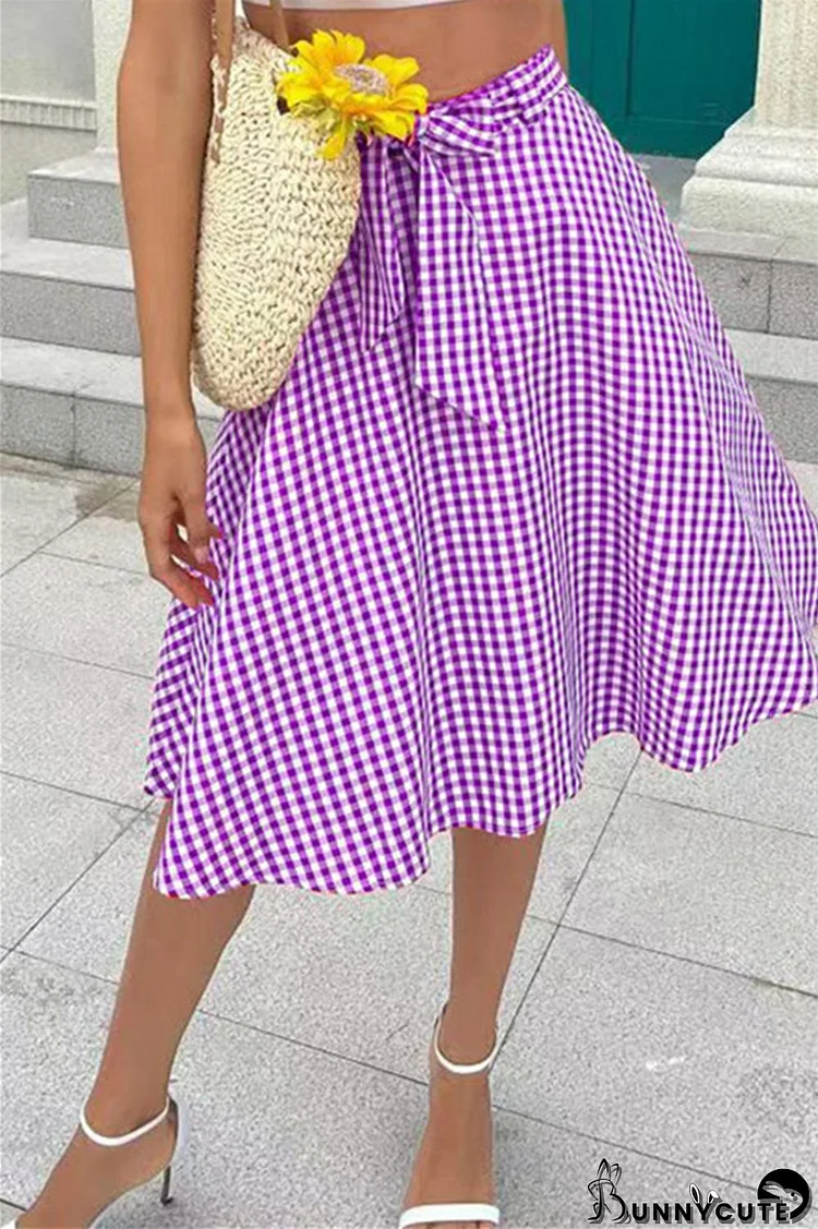 Purple Fashion Casual Plaid Print Patchwork Regular High Waist Skirt