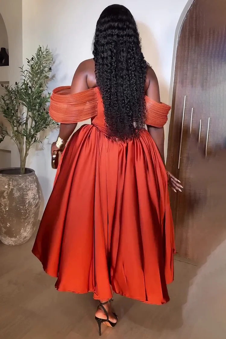 Off Shoulder Wrinkle Corset Satin Party Maxi Dresses-Orange [Pre Order]