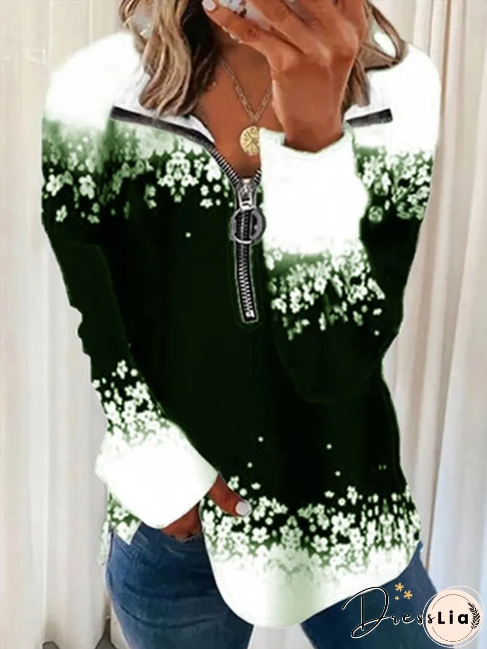 Plus Size Casual Zipper Printed Sweatshirts