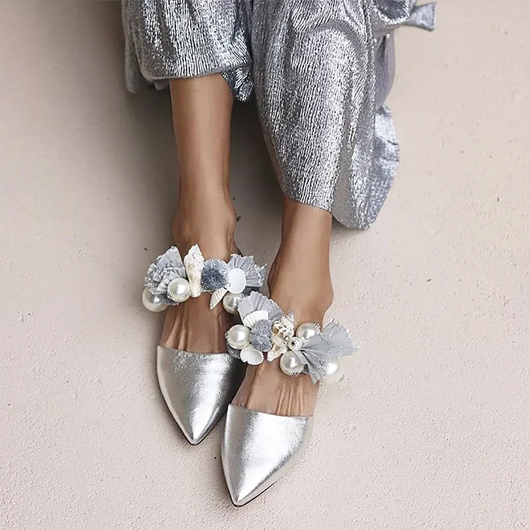 Silver Bridal Pointy Toe Flat Shoes with Party Mules Vdcoo