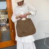 Ladies square wooden handle large capacity straw woven handbag