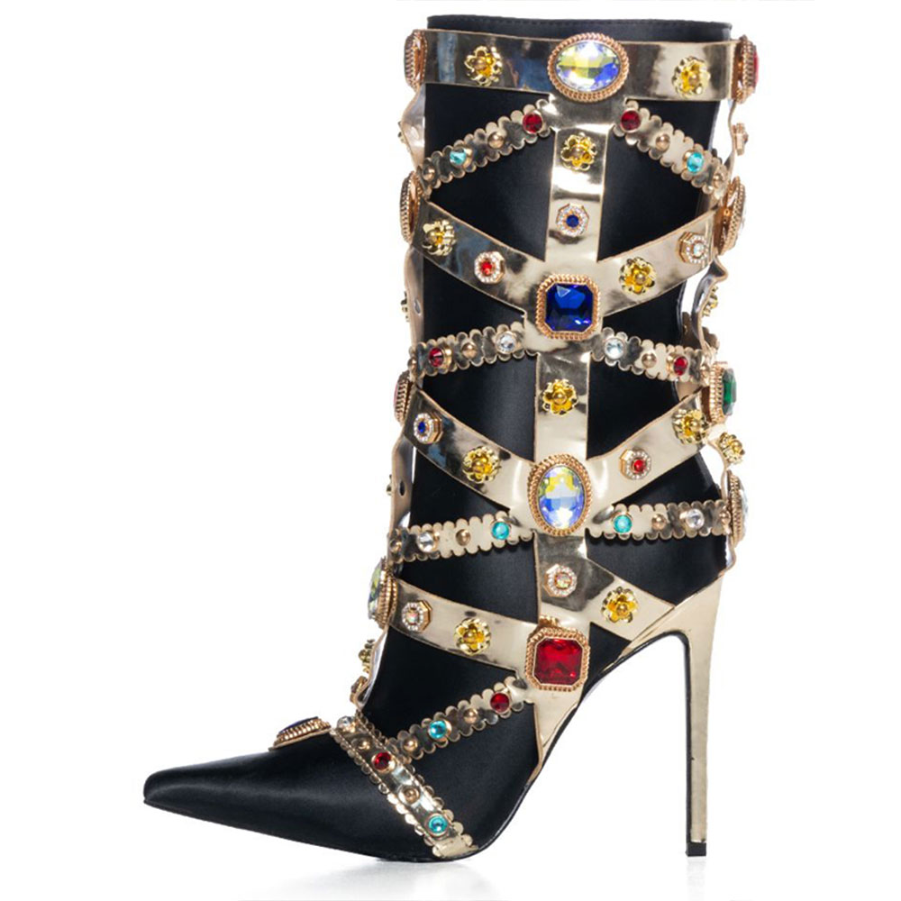 GOOSHOE Black Satin Pointy Stilettos Gold-Embellished Jewel Mid-Calf Boots
