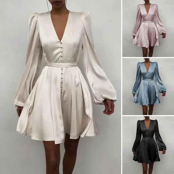 Women Solid Color Stain V Neck Puff Long Sleeve Cocktail Dress Casual Fashion Party Belted Midi Dress Plus Size Kleid