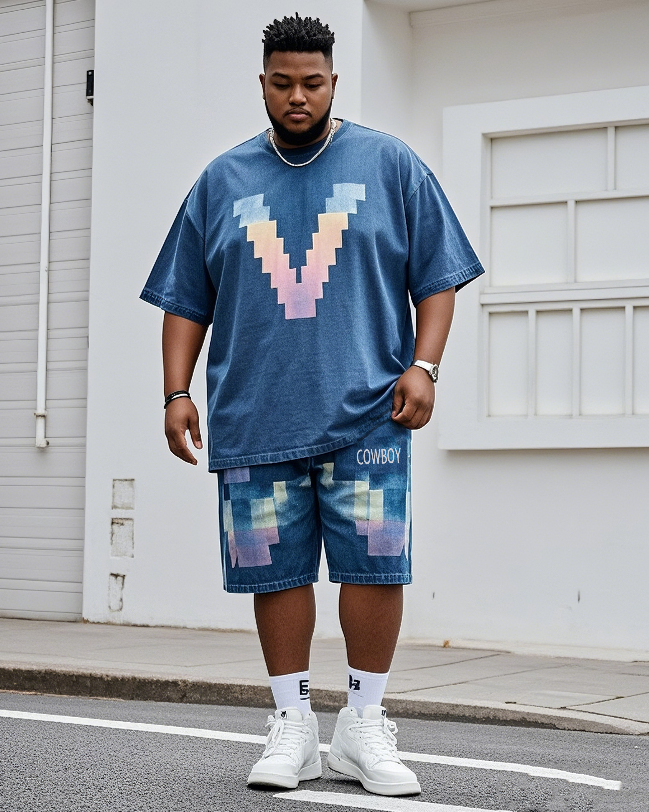 Plus Size Men's Printed V-shaped Gradient Short-sleeved T-shirt Shorts Suit