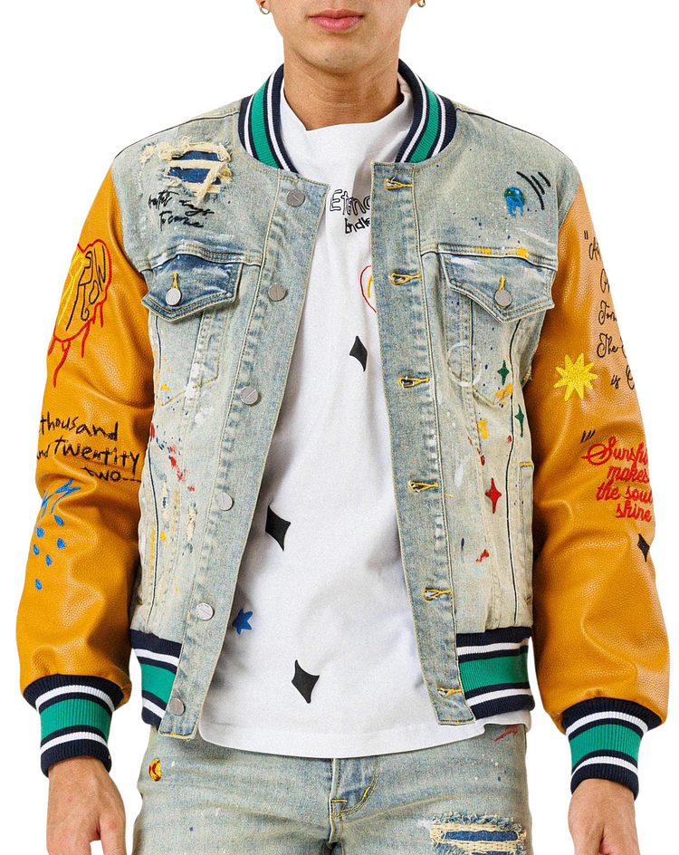 All Over Embroidered Denim Varsity Jacket