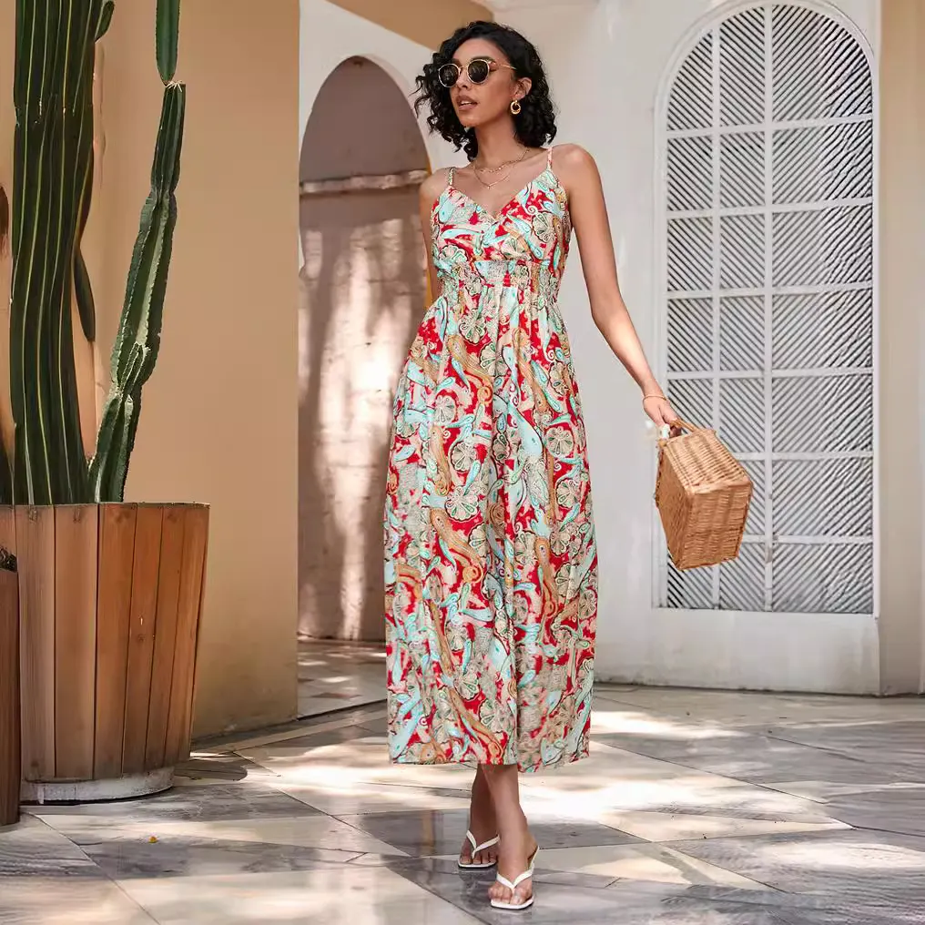 Churchf Women's Dress Station Summer Print Collection Waist Long Sling Dress