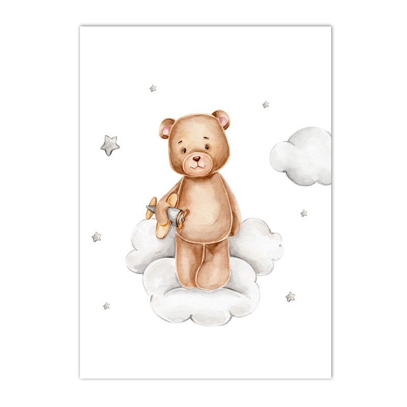 Bear Canvas Painting Nursery Poster Moon Cloud Airplane Wall Art Print Nordic Posters Wall Pictures Kids Baby Room Decoration