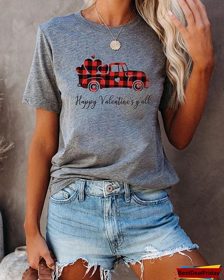 Women Plaid Printed Splicing Car Heart T-Shirt
