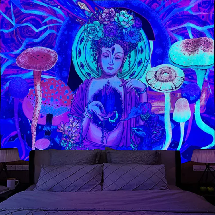 Buddha and Mushroom - Black Light Tapestry