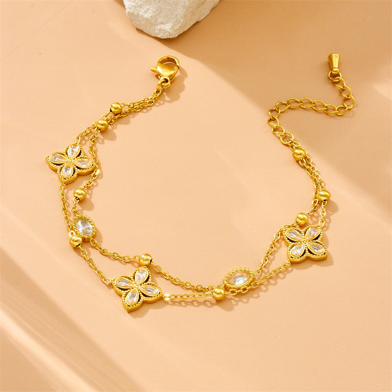 Fashionable Diamond-Shaped Four-Petal Flower Double-Layered Chain Pearl Accessories Geometric Stainless Steel Bracelet2