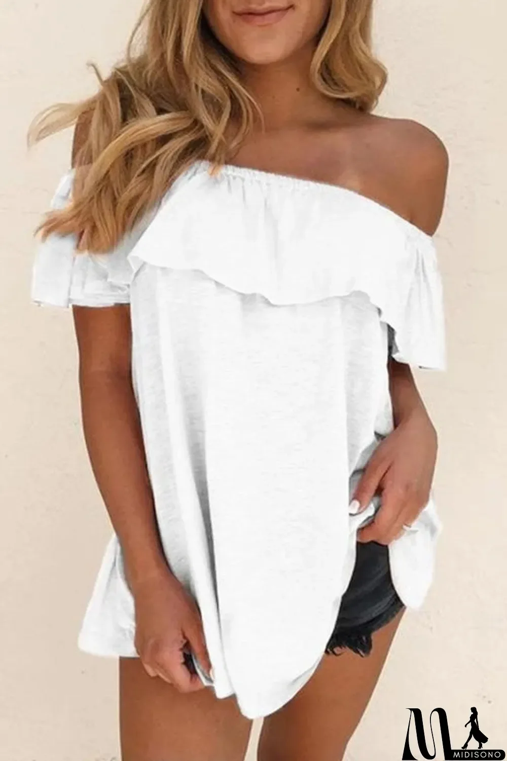 MidiSono - Casual Solid Off the Shoulder T-Shirts(7 Colors)