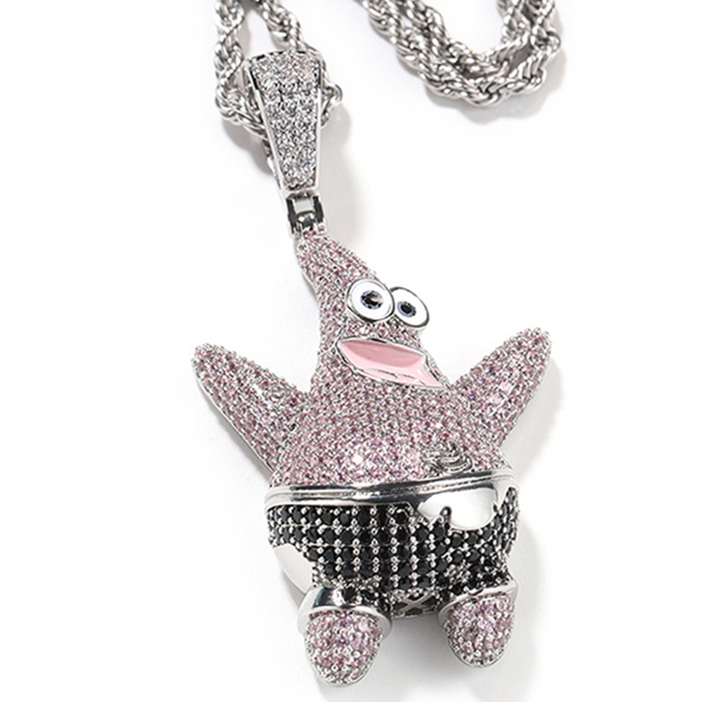 Cartoon Character Patrick Star Pink Iced Out CZ Stone Silver Pendants