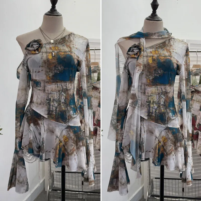 Churchf Spice Girls Inclined Shoulder Horn Long-Sleeved T-Shirt Around The Neck With Flowers Lotus Leaf-Lace Mesh Yarn Women 9985