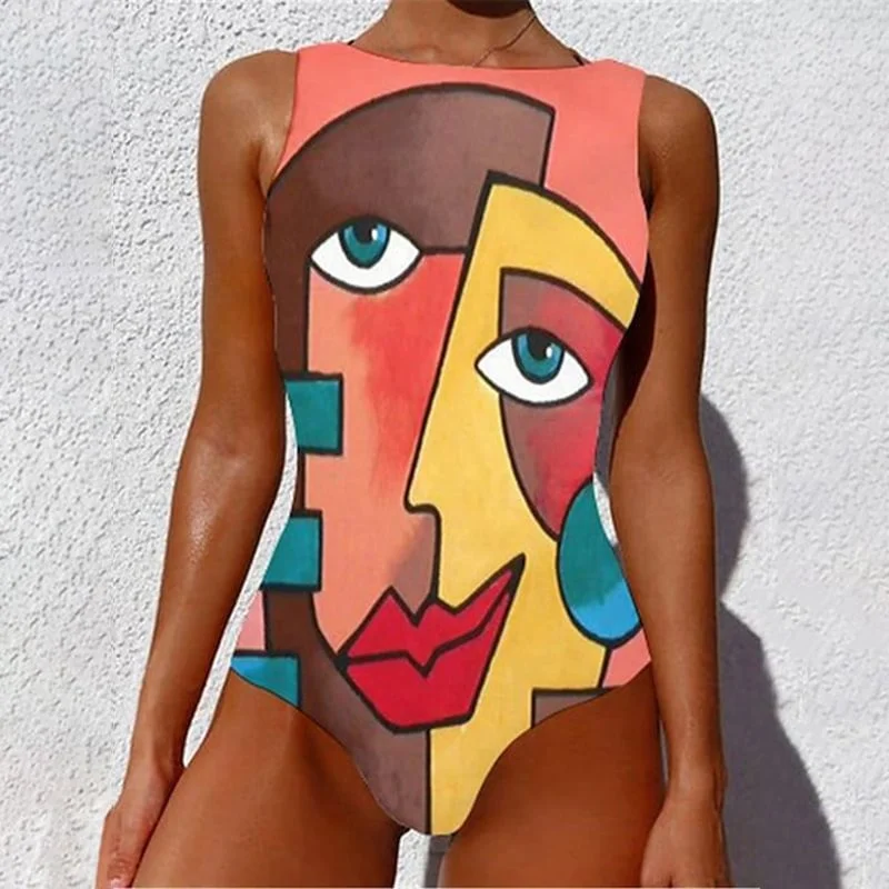 Human Face Color Block Artistic Print Summer Sleeveless Swimsuit