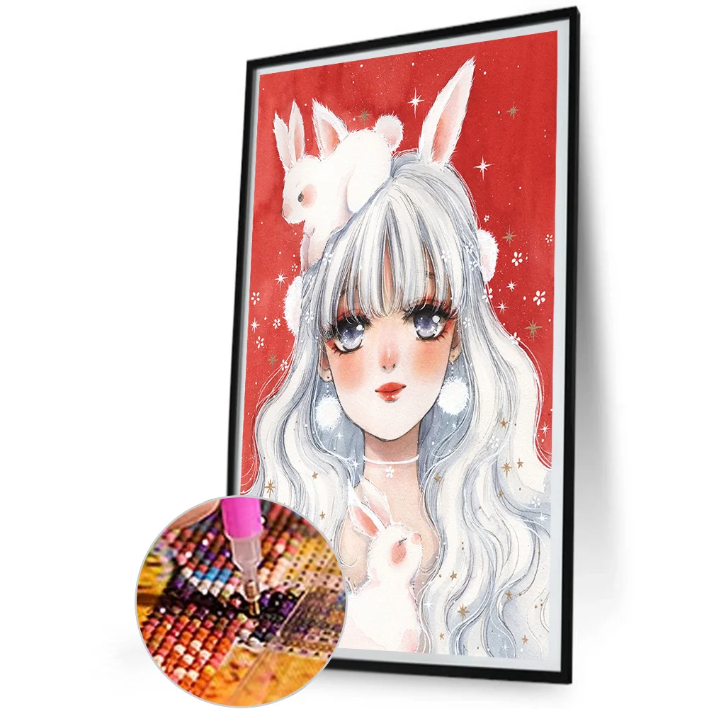 Full Round Diamond Painting 30*50cm - White Hair Bunny Ears Girl
