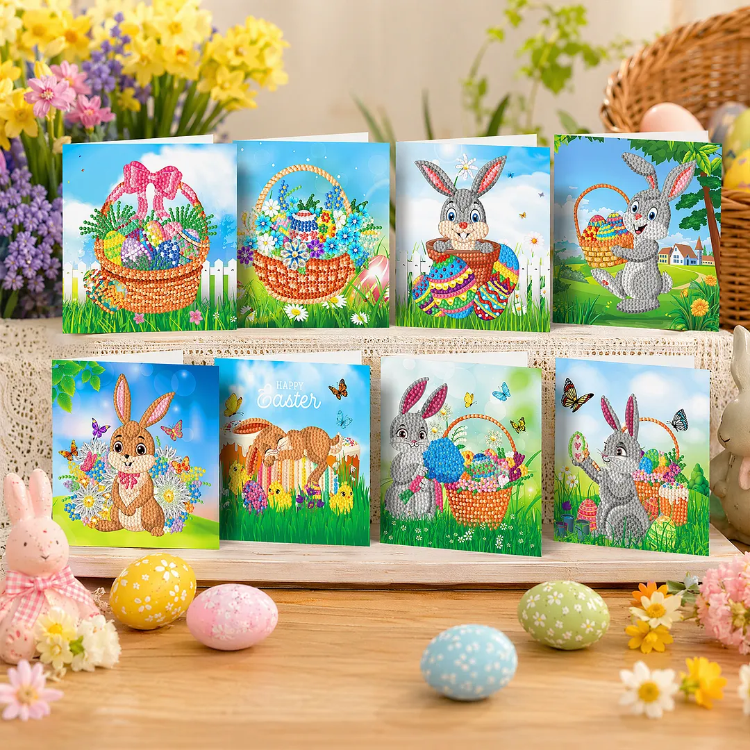 8PCS Outdoor Rabbit DIY Diamond Painting Greeting Card Kits with Envelopes Diamond Art Greeting Cards Diamond Art Cards Kits for Adults DIY Crafts Family Friend Gifts