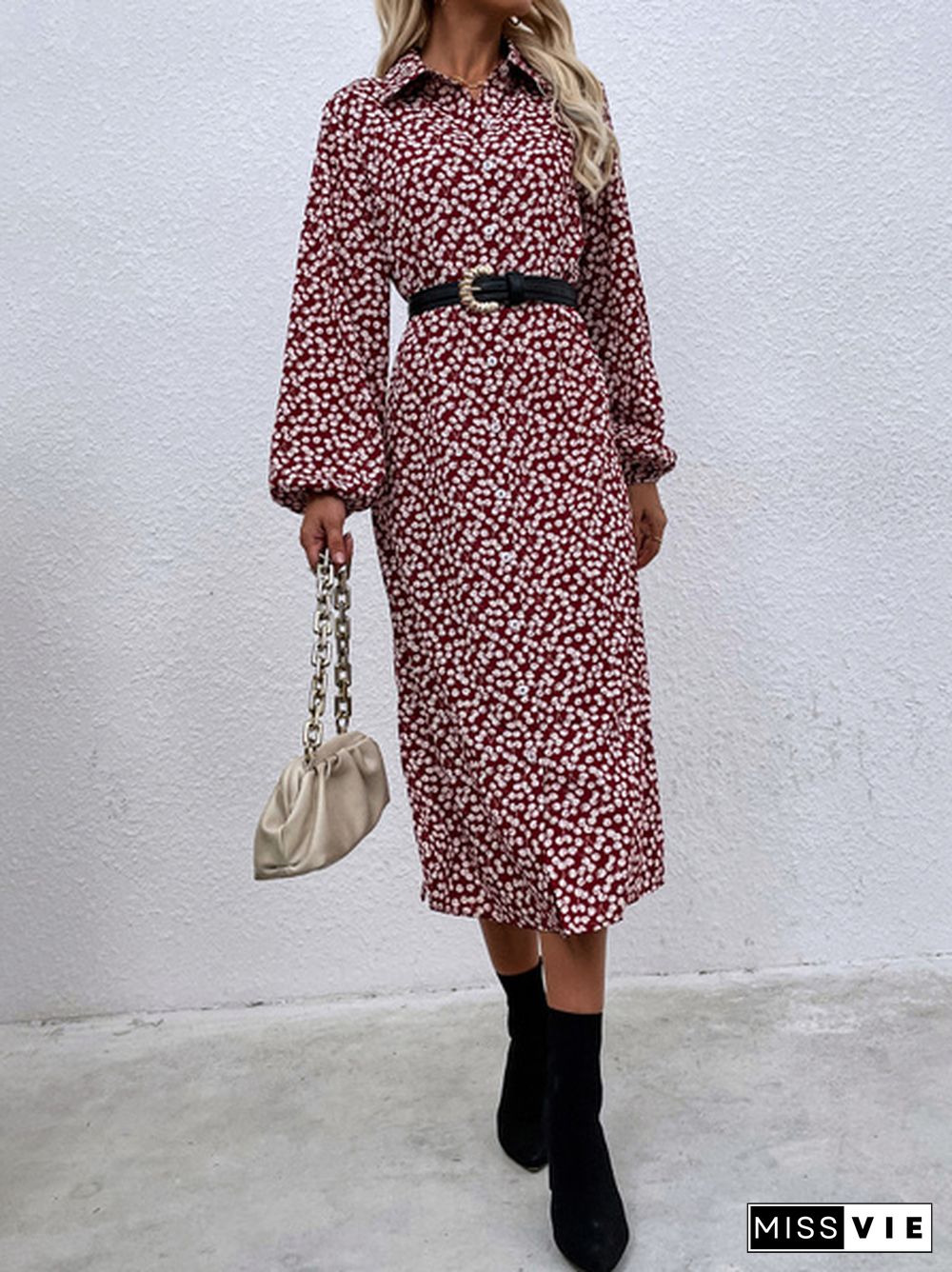 Cherry Print Red Lapel Long-Sleeved Single-Breasted Shirt Dress Without Belt