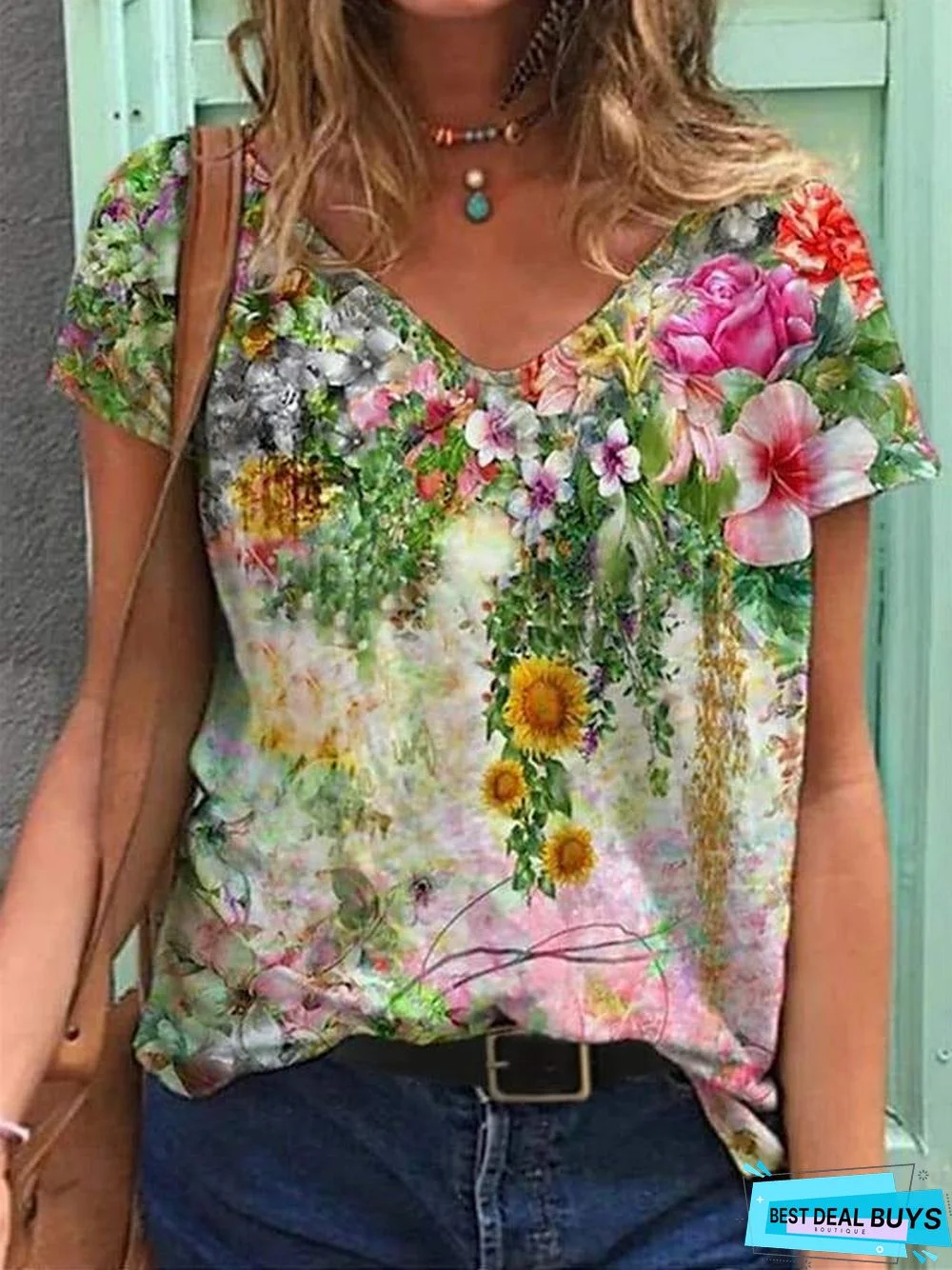 Women's Floral Theme T-shirt Floral Flower Print V Neck Tops Basic Top Blue Purple Red
