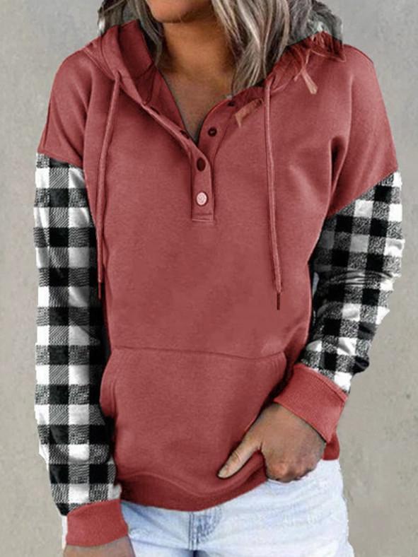 Women Long Sleeve Hooded Plaid Stitching Top