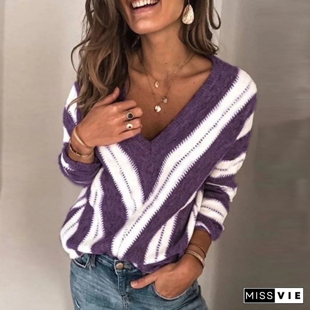 NEW Spring Autumn Women Fashion Striped Loose Knitted Pullover Sweaters Tops Ladies Long Sleeve V Neck Geometric Casual Sweater Jumpers Plus Size S-5XL