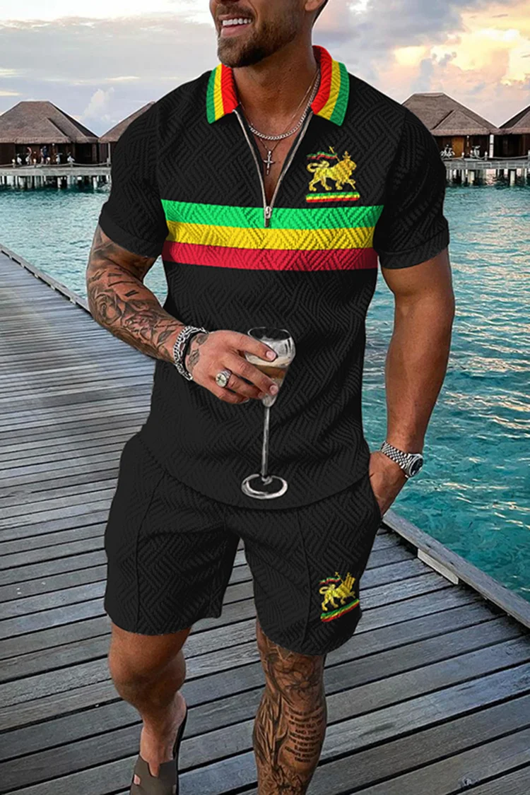Juneteenth Stripes  Rasta Lion Polo Shirt And Shorts Co-Ord