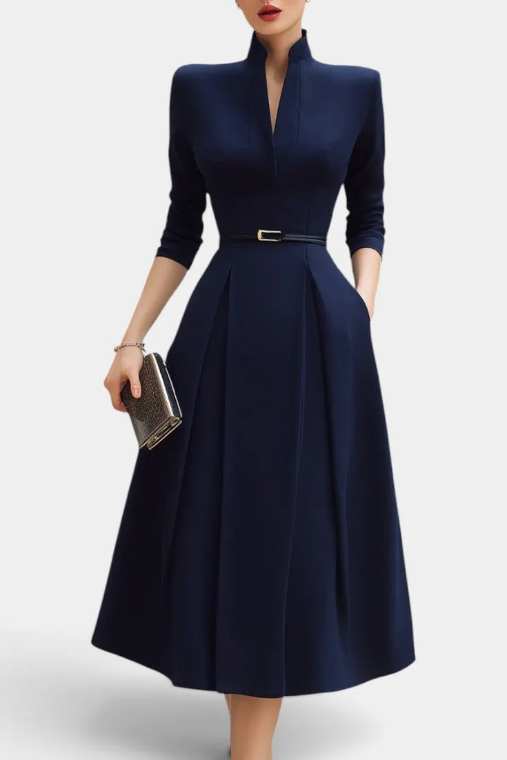 Structured Mandarin Collar Flared Midi Dress with Belted Waist