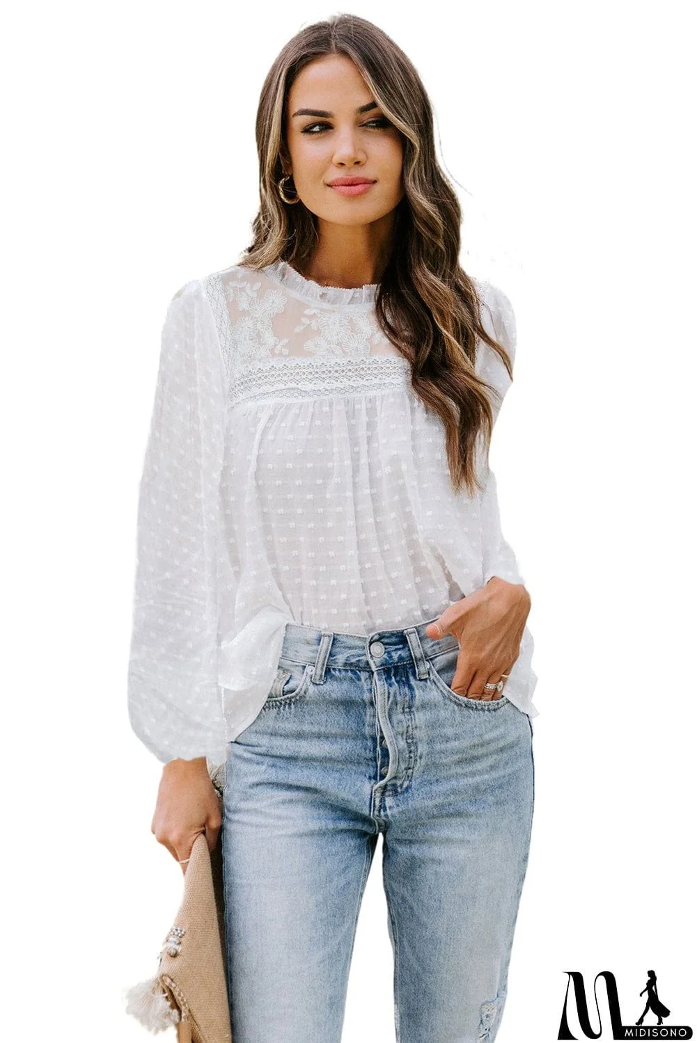 MidiSono - Frill Neck Swiss Dot Puff Sleeve Blouse