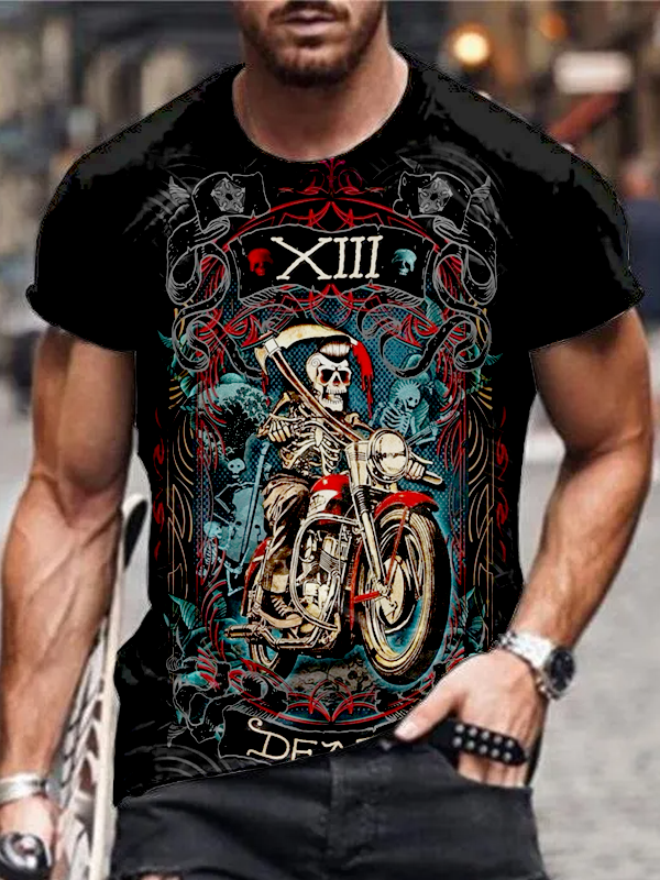 Men's Comfortable Retro Car Mr. Skeleton Textured Pattern Print T-Shirt PLUSCLOTHESMAN