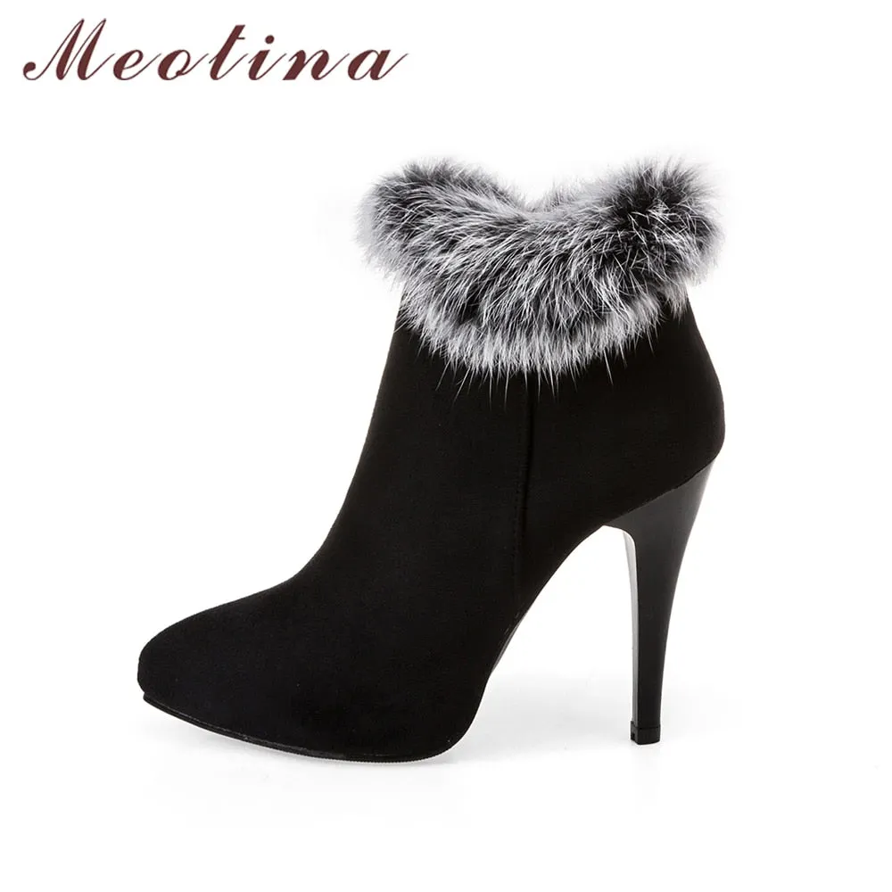 Meotina Sexy Women Boots Winter High Heels Ankle Boots Shoes Women Fall Ladies Short Boots Snow Fur Zip White Red Big Size 11 45