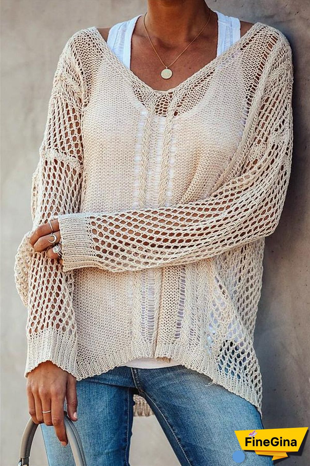 Beige Plain Long Sleeve V-Neck Knit Top