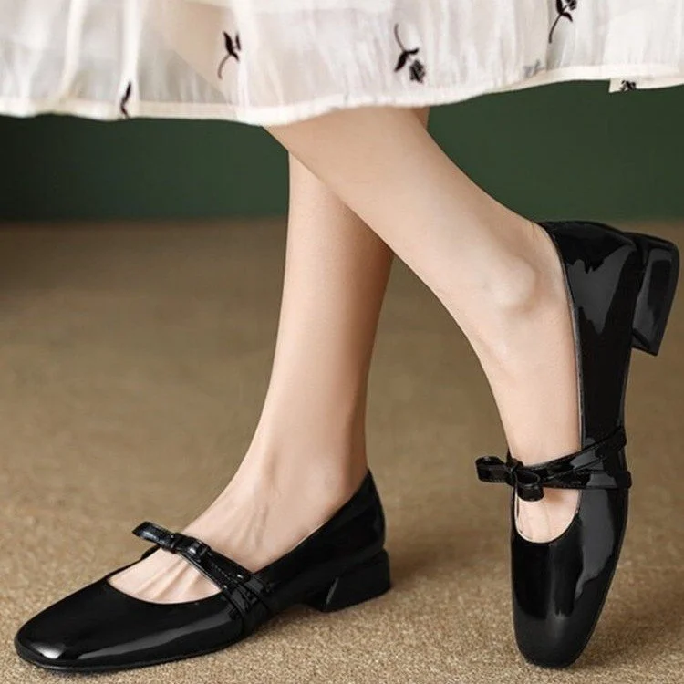 Churchf Churchf Retro Low Heel Thick Heel Bow Mary Jane Shoes Female Autumn 2024 New Patent Leather Shallow Mouth College Wind Single Shoes