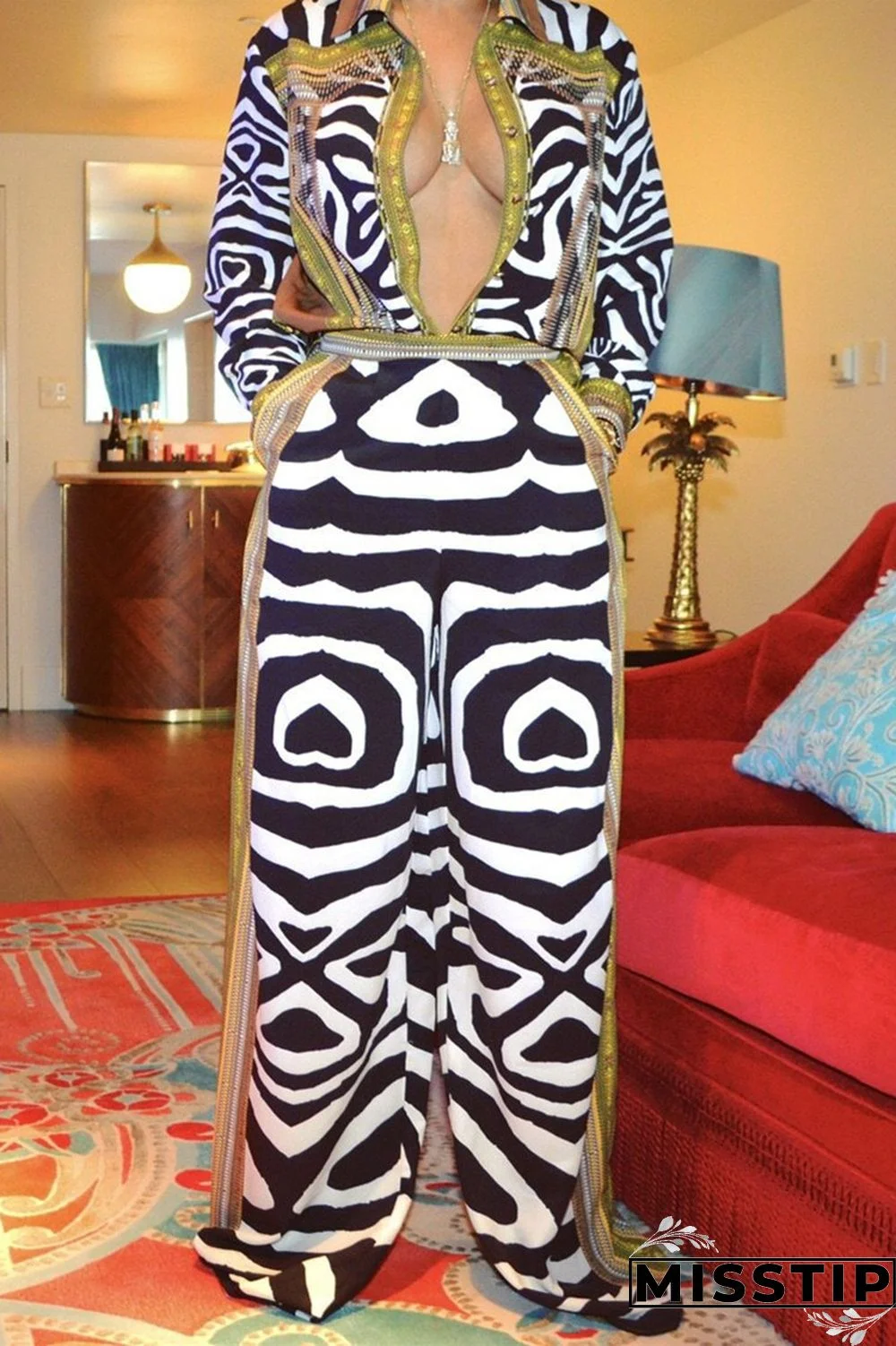 Multicolor Fashion Casual Print Patchwork Turndown Collar Long Sleeve Two Pieces